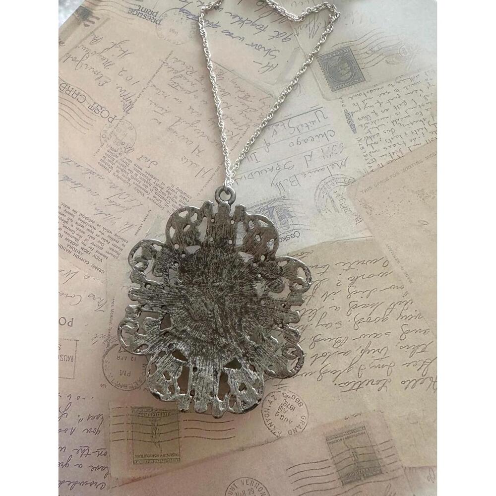 Victorian Cameo Necklace Gothic Portrait Pendant Antique Silver Tone Statement - Picture 2 of 3